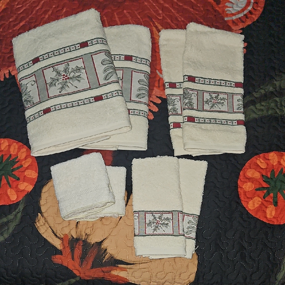 NEW Elegant Christmas Holly Cream and Red Bath Towel 8 Piece Set